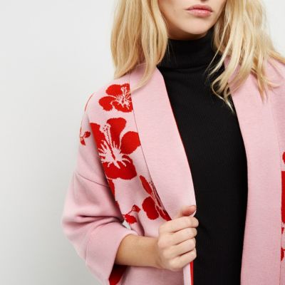 Pink and red flower knit cardigan